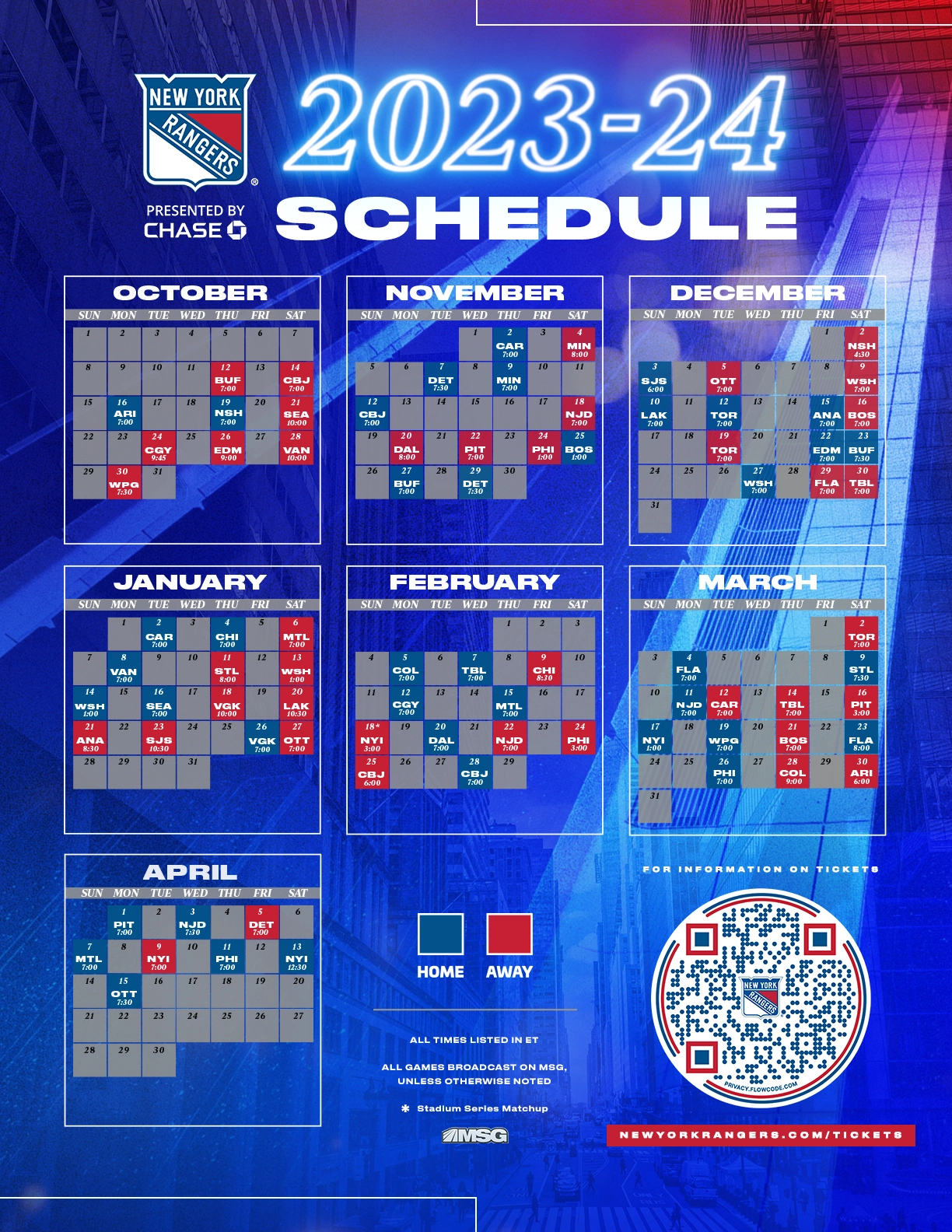 New York Rangers Schedule 2023-2024